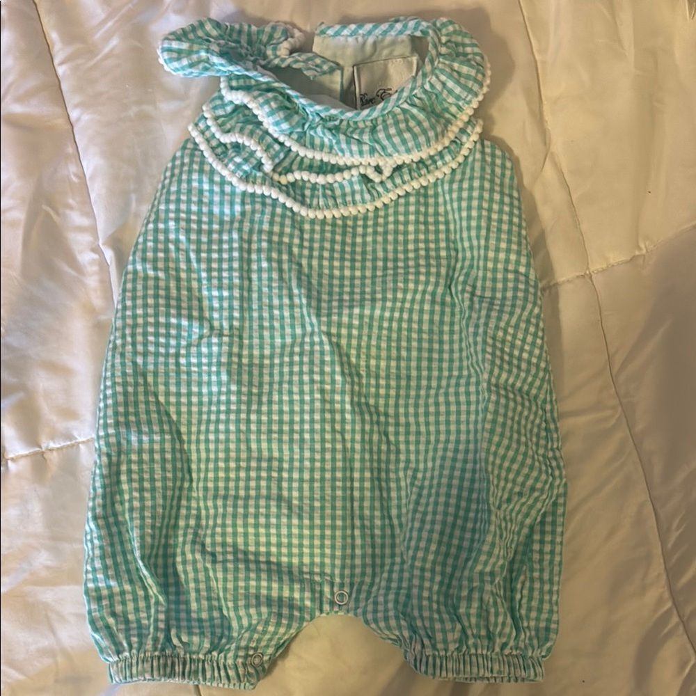 Baby Blue Gingham Romper with Ruffle Collar